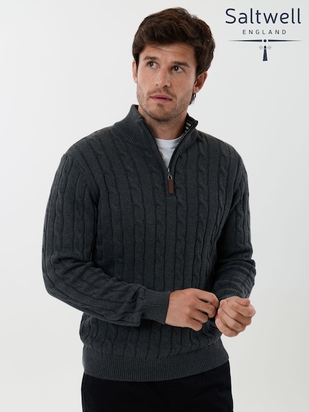 Grey - Regular Saltwell Cable Knit Cotton Funnel Neck Quarter Zip Jumper