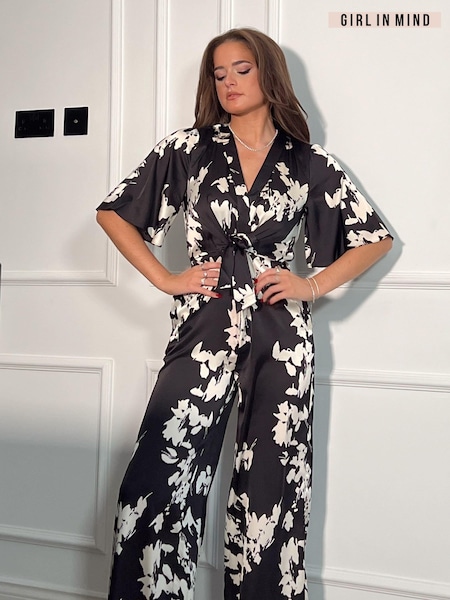 Girl In Mind Black White Floral Viola Wrap Tie Detail Wide Leg Jumpsuit (481002) | €16
