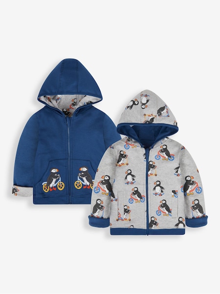 JoJo Maman Bébé Blue Puffin Appliqué Reversible Hoodie (481259) | €41