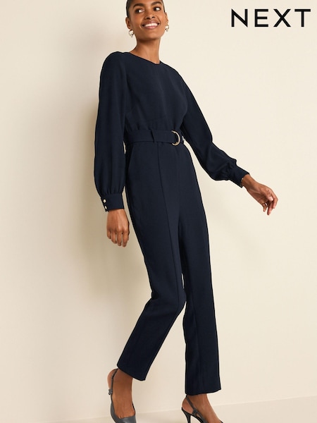 Темно-синий - Crepe Long Sleeve Belted Taper Jumpsuit (481640) | €18