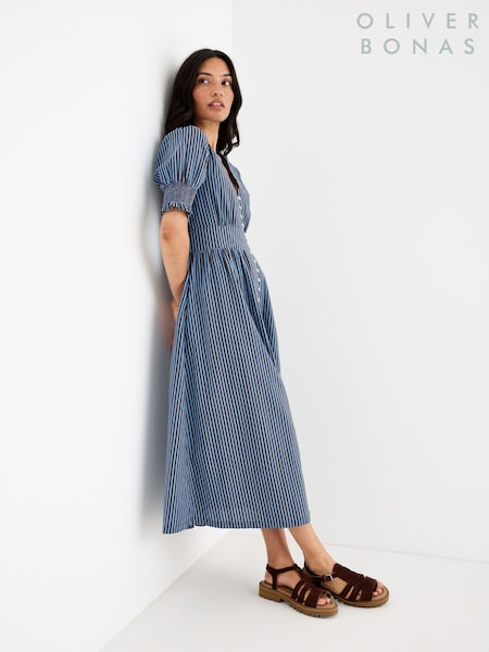 Blue - Oliver Bonas Striped V-neck Seersucker Midi Dress
