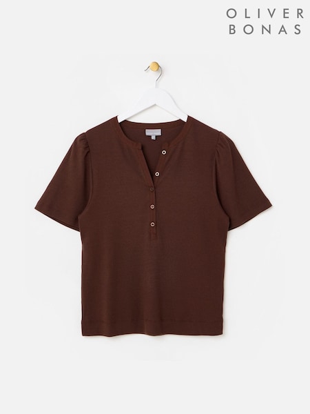 Brown - Oliver Bonas Ribbed Short Sleeve Henley Top