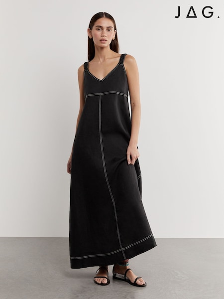 Noir - Jag Sara V-neck Linen Midi A-line Dress