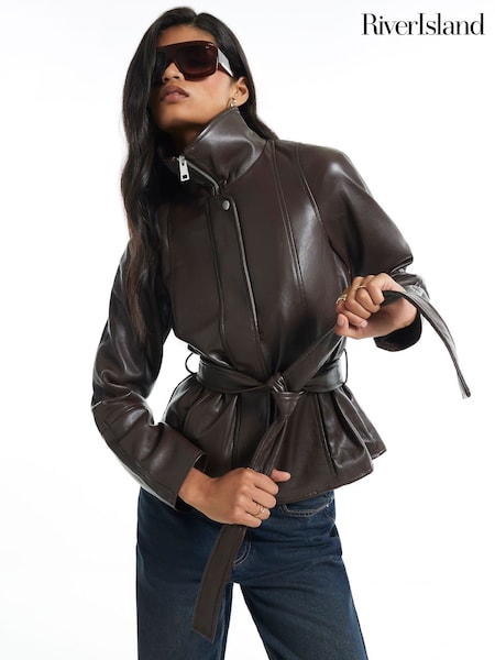 Brown - River Island Faux Leather Belted Funnel Neck Jacket