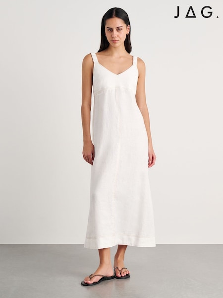 Άσπρο - Jag Sara V-neck Linen Midi A-line Dress