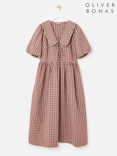 Red - Oliver Bonas Checked Frill Collar Tie Front Midi Dress