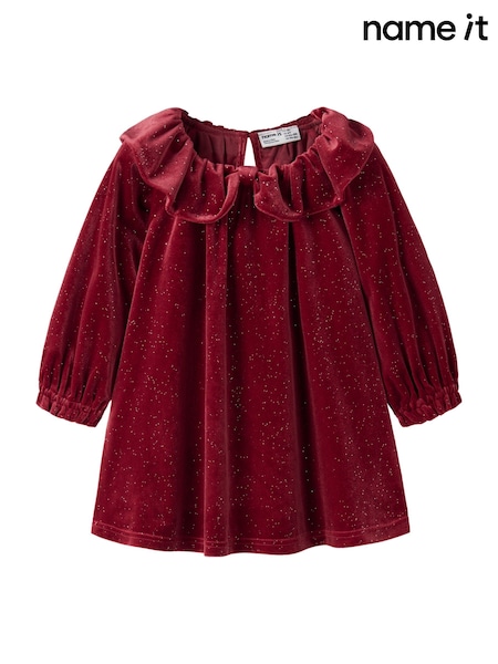 Red - Name It Glittery Velvet Peter Pan Collar Dress
