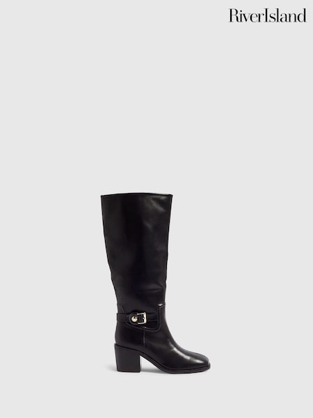 Black - River Island Faux Leather Buckle High Leg Boots