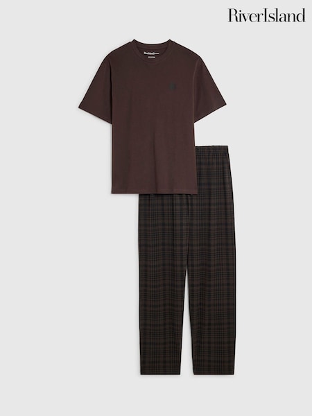بني - Regular River Island Short Sleeve Checked Pyjamas Set