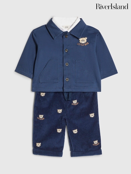 Blue - River Island Bear Shacket Polo & Trousers 3 Pack Set