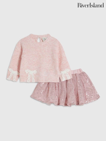 Pink - River Island Bow Top & Skirt Set