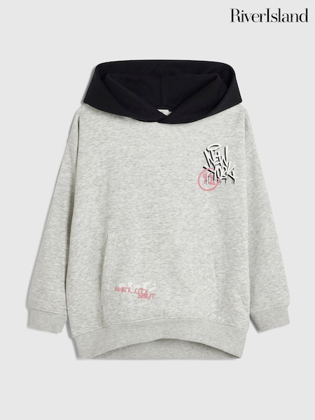 Gris - River Island Regular Fit Grafitti Hoodie
