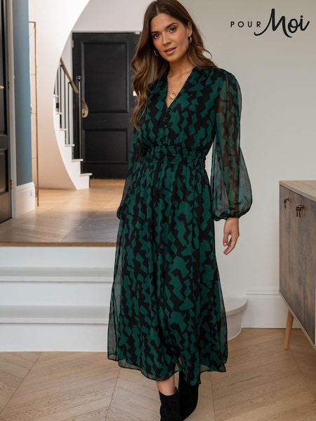 Pour Moi Green Willow Chiffon Long Sleeve Midaxi Shirt Dress (486916) | €40