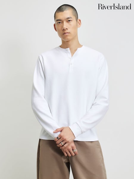 Hvit - Regular River Island Regular Fit Henley Longsleeve T-shirt