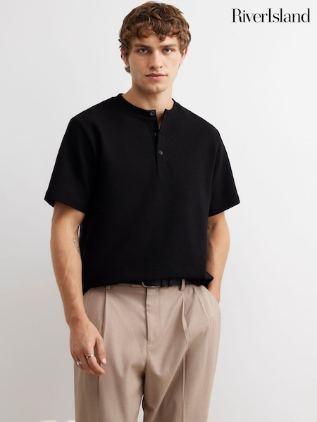 Black - Regular River Island Regular Fit Henley T-shirt