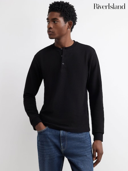 Svart - Regular River Island Regular Fit Henley Longsleeve T-shirt
