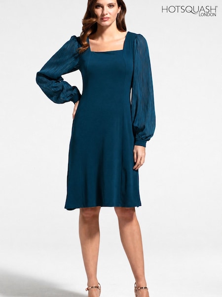 Blue - Hot Squash Square Neck Jersey Dress With Chiffon
