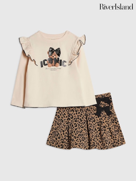 White - River Island Iconic Bear Top & Leopard Skirt Set