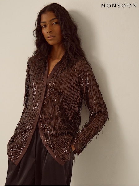 Καφετί - Monsoon Shelby Sequin Fringe Satin Shirt