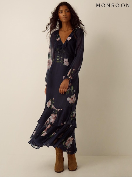Синій - Monsoon Rowena V-neck Ruffle Floral Print Maxi Dress