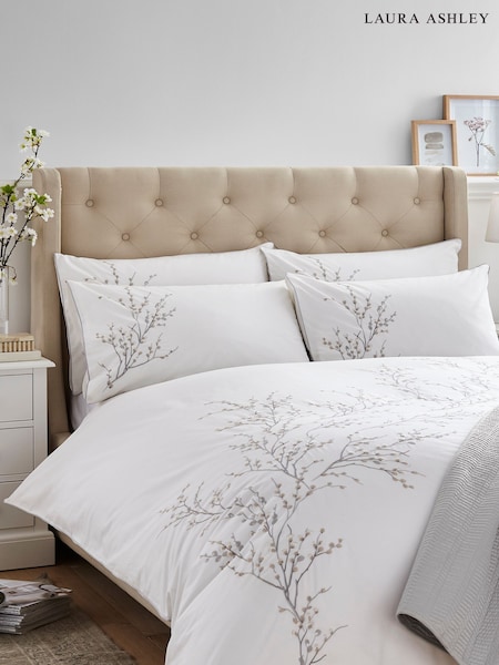Laura Ashley Dove Grey Pussy Willow Sprig Embroidered 100% Cotton Duvet Cover And Pillowcase Set (494727) | €135 - €184