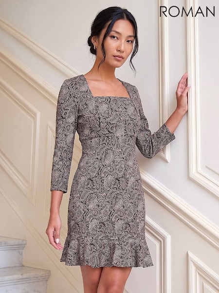 Μαύρο - Roman Sequin Neck Frill Hem Φόρεμα