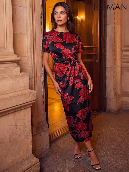 Red - Roman Printed Side Tie Dress
