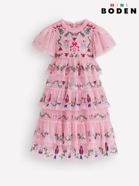 Pink - Boden Embroidered Tulle Ruffle Dress