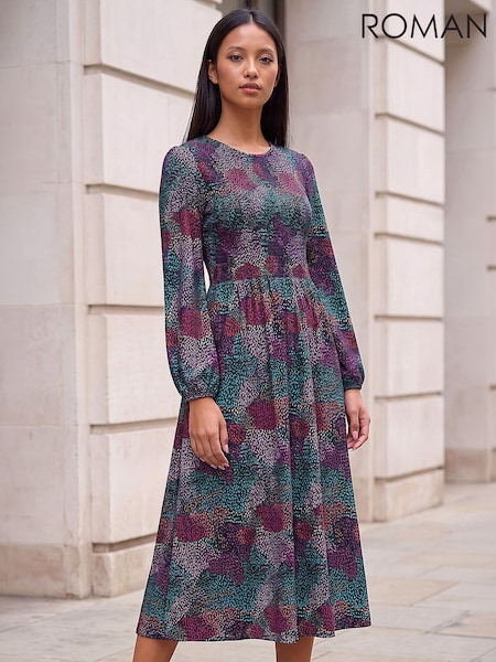 Blue - Roman Petite Shirred Bodice Dress