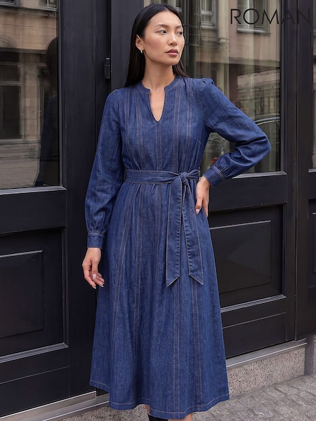 Bleu - Robe Roman à empiècements Ceinturée Mi-longue