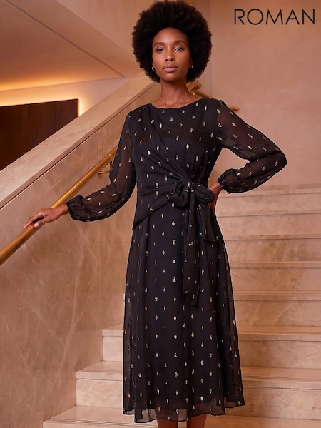 Black - Roman Dobbie Wrap Dress