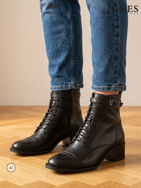 Черный - Jones Bootmaker Madie Wide Fit Heeled Leather Ankle Boots