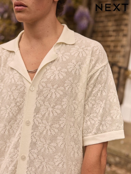 Edit Ecru White Flower Relaxed Crochet Button Through 100% Cotton Shirt (498174) | €18