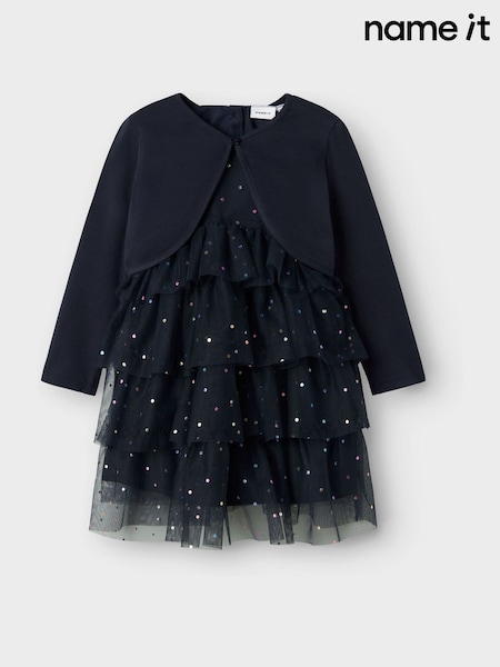 Blue - Name It Sequin Occasion Dress With Cardigan