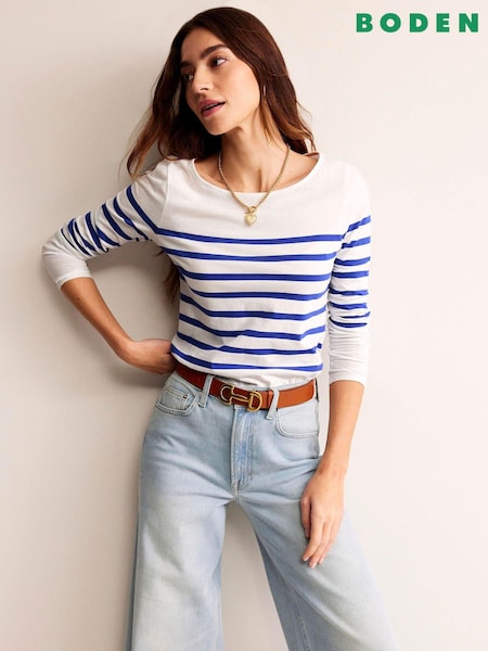 Boden Blue White Ella 100% Cotton Long Sleeve Breton T-Shirt (499830) | AED97