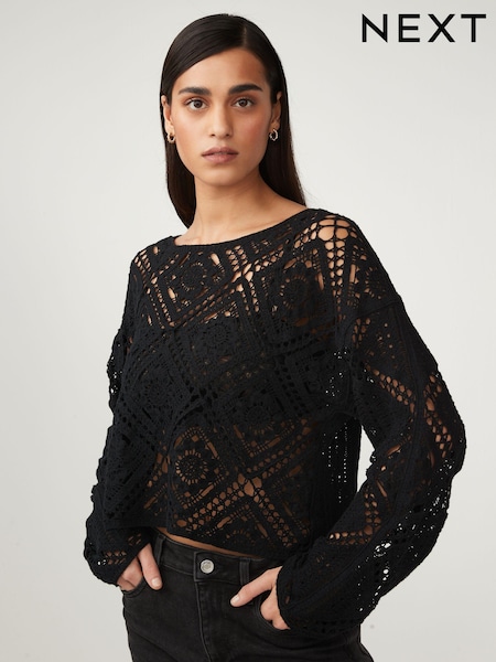 Schwarz - 100% Cotton Long Sleeve Crochet Top (4B8747) | 13 €