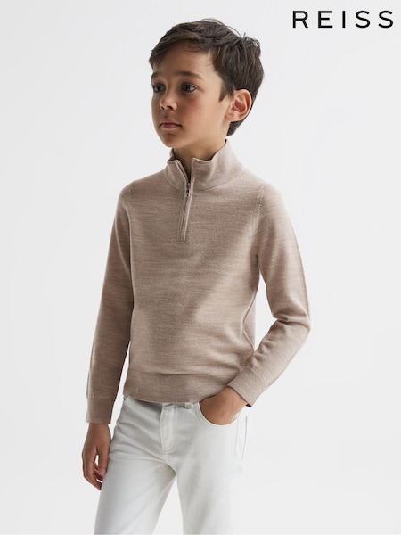 Reiss Wheat Melange Blackhall 3-9 yrs Merino Wool Zip-Neck Jumper (4DD540) | AED245