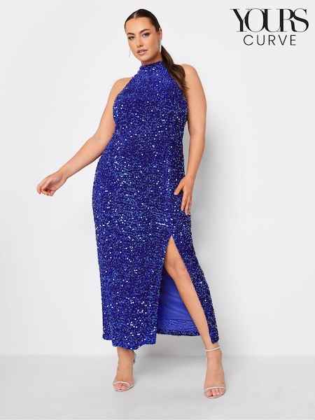 Yours Curve Blue London Sequin Velvet Choker Maxi Dress (4R7897) | €31