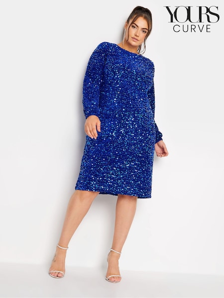 Yours Curve Blue London Sequin Velvet Bellow Sleeve Shift Dress (4V7043) | €30