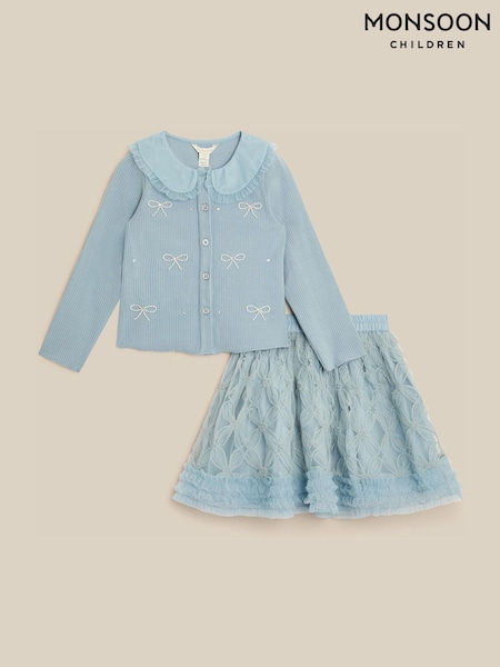 Blue - Monsoon Pearl Bow Top & Appliqué Mesh Skirt Set