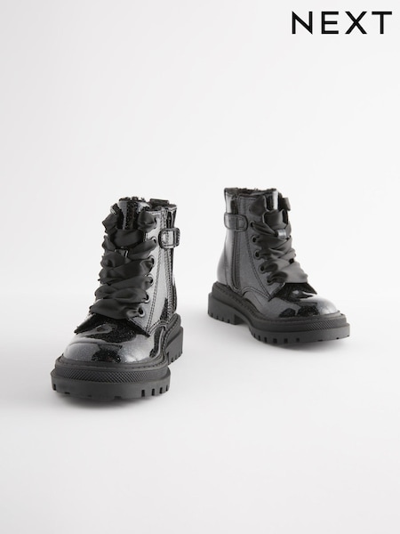 Black Patent Wide Fit (G) Chunky Lace-Up Ankle Boots (500842) | AED132 - AED152