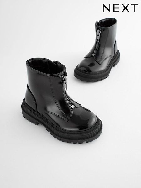 Black Patent Wide Fit (G) Zip Front Chunky Boots (500888) | €29 - €35