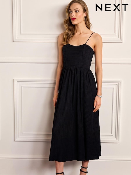 Черный - Plissé Strappy Corset Midi Dress (5008M5) | €31