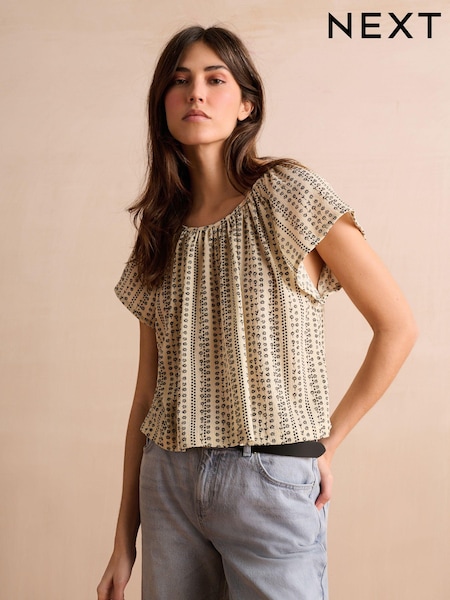 Cream Stripe Print Textured Flutter Sleeve Top (501031) | €17.50