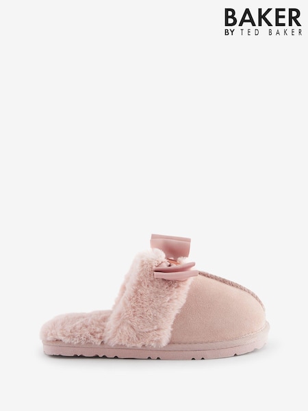 Baker by Ted Baker Girls Pink Faux Fur Trim Mule Slippers with Bow (501186) | 125 LEI
