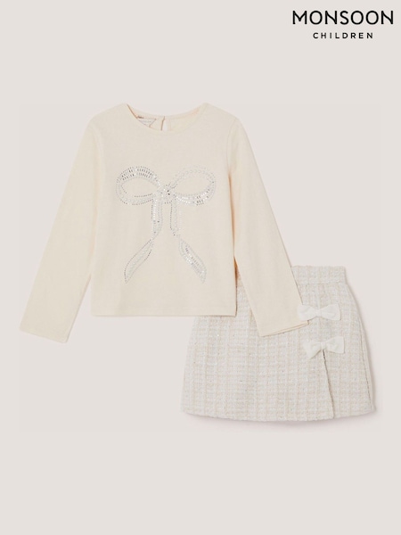 Cream - Monsoon Embellished Bow Top & Tweed Skort Set
