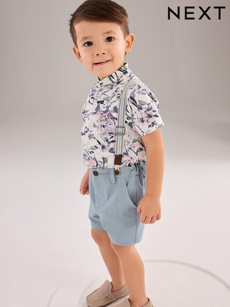 Blau mit floralem Muster - 100% Cotton Shirt and Short with Braces (3mths-9yrs) (503195) | 7 € - 8 €