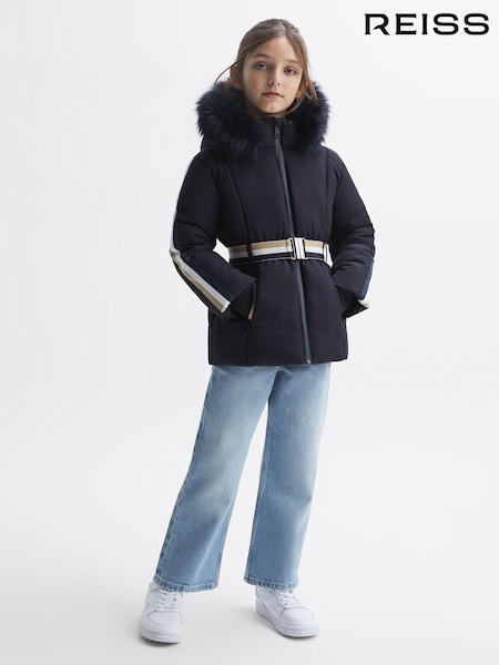 Navy - Reiss Cara Quilted Fur Hooded Coat