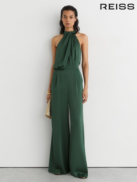 Teal Green - Reiss Finley Satin Draped Wide-leg Jumpsuit