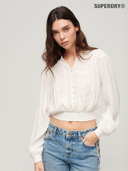 SUPERDRY Cream Long Sleeve Lace Trim Smocked Blouse (503701) | €26
